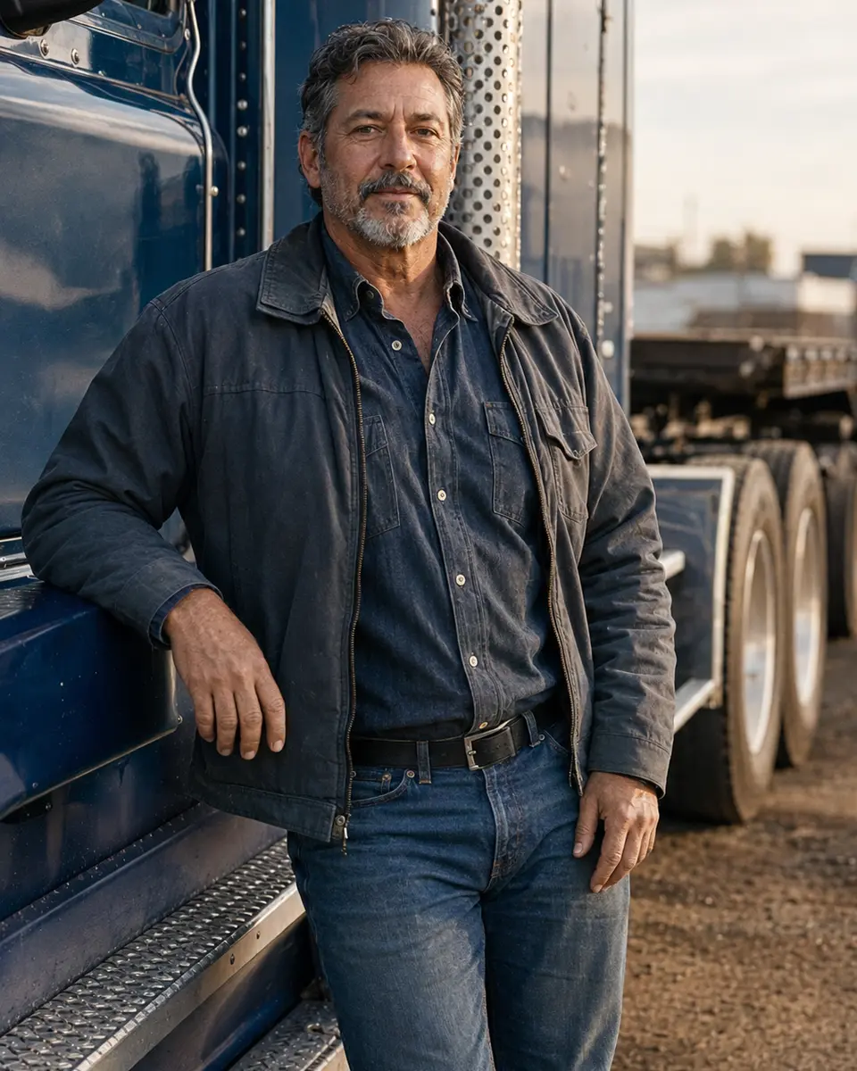 Trucking business owner standing beside his truck