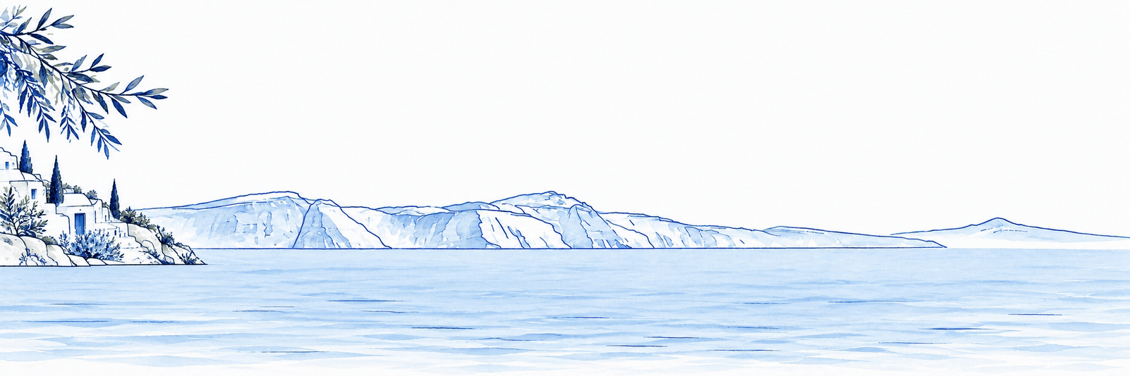 Blue and white illustration of the Greek coast with a sailboat crossing the sea
